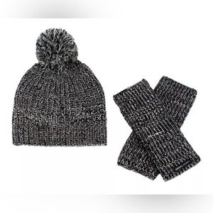Women’s Rebecca Minkoff Marled 2 Beanie Hat and Arm Warmer 2pc Set Black Knitted